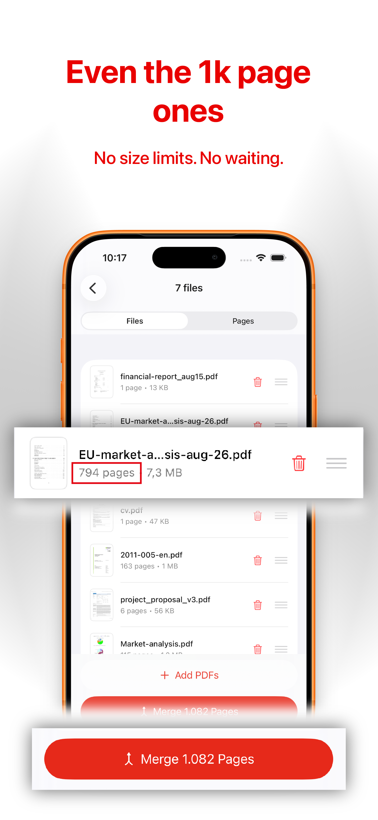 Files view showing seven imported PDFs including a 794-page document